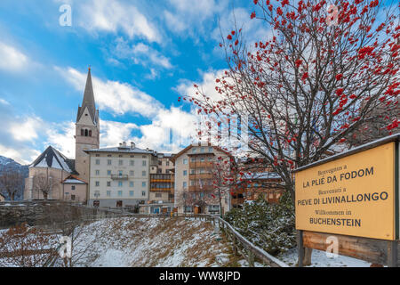 Pieve di Livinallongo mit der Pfarrkirche St. Jakobus Major Apostel, Livinallongo del Col di Lana (buchenstein), Belluno, Venetien, Italien Stockfoto