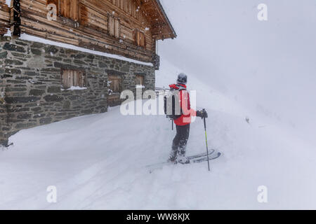 Skitouren im Ahrntal an Lebesau alm unter einem Schneefall, Kasern, Prettau, Bozen, Südtirol, Italien Stockfoto