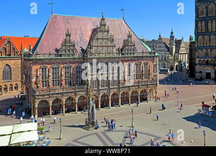 Rathaus und Roland auf dem Marktplatz, Bremen, Bremen, Norddeutschland, Deutschland Stockfoto