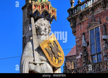 Detail der Statue der Bremer Roland auf dem Marktplatz, Bremen, Bremen, Norddeutschland, Deutschland Stockfoto