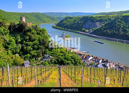 Panorama auf das Dorf am Rhein mit Burg Gutenfels und Pfalzgrafenstein im Rhein, Kaub, Mittelrheintal, Rheinland-Pfalz, West Germany, Deutschland Stockfoto