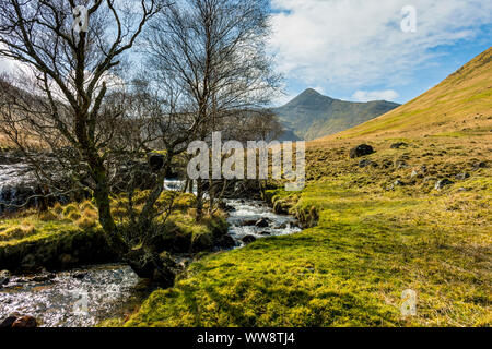 Die Spitze eines "Chìoch in der Ben mehr Reichweite, vom Fluss Clachaig, Glen Clachaig, Isle of Mull, Schottland, Großbritannien Stockfoto