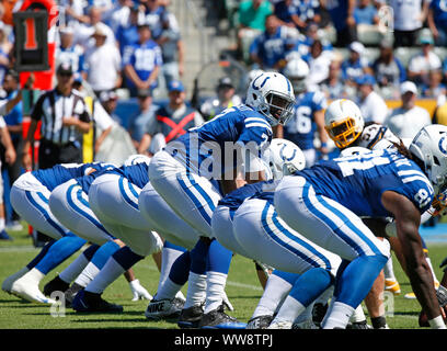 September 08, 2019 Indianapolis Colts quarterback Jacoby Brissett (7) in Aktion während der NFL Spiel zwischen der Los Angeles Ladegeräte und die Indianapolis Colts an Würde die Gesundheit Sport Park in Carson, Kalifornien. Charles Baus/CSM. Stockfoto