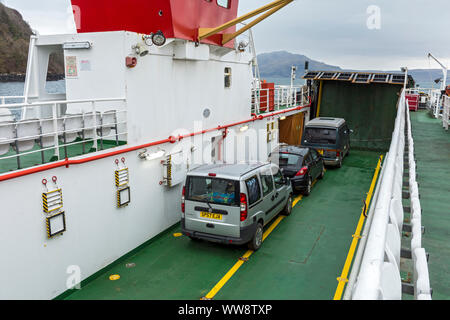 Auf dem Caledonian MacBrayne Autofähre, die MV-Loch Tarbert, Überfahrt nach Kilchoan auf ardnamurchan von Tobermory, Isle of Mull, Schottland, Großbritannien Stockfoto