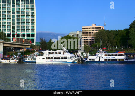 VALDIVIA, CHILE - Februar 3, 2016: Sightseeing Tour Boote am 3. Februar 2016 in Valdivia, Chile. Valdivia ist ein beliebtes Reiseziel in Chile. Stockfoto