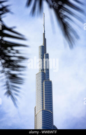 Blick auf den herrlichen Burj Khalifa von einigen Palmen im Vordergrund eingerahmt. Der Burj Dubai, der höchste Turm der Welt. Stockfoto