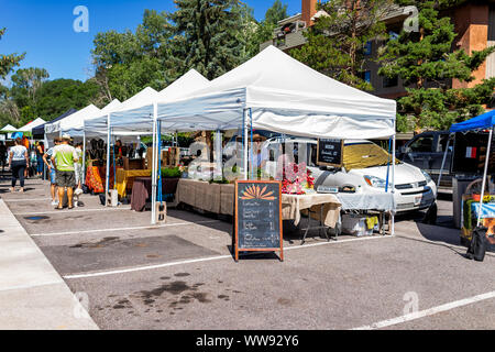 Basalt, USA - 14. Juli 2019: Menschen Anbieter verkaufen frische Lebensmittel in steht in Farmers Market mit Displays im Außenbereich Sommer Straße Stockfoto