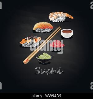 Nigiri Sushi Abbildung auf dunklem Hintergrund isoliert. Stock Vektor