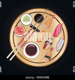 Nigiri Sush seti Abbildung isoliert. Ansicht von oben. Stock Vektor