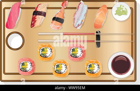 Nigiri Sush seti Abbildung isoliert. Ansicht von oben. Stock Vektor