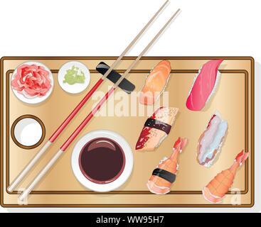 Nigiri Sush seti Abbildung isoliert. Ansicht von oben. Stock Vektor