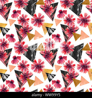 Herbst aquarell Blumen und marmoriert Dreiecke nahtlose Muster. Geometrische floralen Formen Hintergrund. Hand Wasser Farbe Art Illustration für Modus gezeichnet Stockfoto
