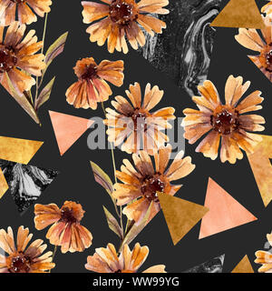 Herbst aquarell Blumen und marmoriert Dreiecke nahtlose Muster. Geometrische floralen Formen Hintergrund. Hand Wasser Farbe Art Illustration für Modus gezeichnet Stockfoto