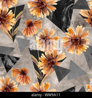 Herbst aquarell Blumen und marmoriert Dreiecke nahtlose Muster. Geometrische floralen Formen Hintergrund. Hand Wasser Farbe Art Illustration für Modus gezeichnet Stockfoto