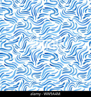Aqua Blau abstrakte Pinselstriche nahtlose Muster. Aquarell fließenden Formen Hintergrund. Fließendes Wasser Farbe wellenlinien. Handgemalte Kunst Abbildung f Stockfoto