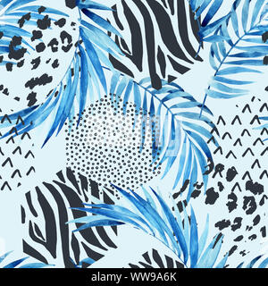 Blau Aquarell tropische Blätter und verziert Dreiecke Hintergrund. Ungewöhnliche Wasser Farbe florals und geometrischen Formen. Von Hand bemalt Sommer reisen seamles Stockfoto