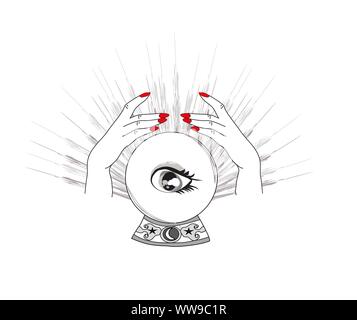 Hand gezeichnet Magic Crystal Ball mit Auge der Vorsehung in die Hände der Wahrsagerin Stock Vektor