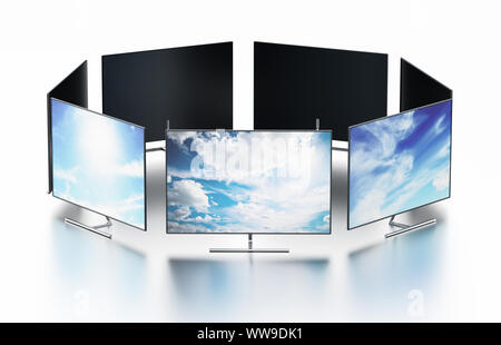 Wand von modernen TV-Bildschirme in Kreisform angeordnet. 3D-Darstellung. Stockfoto