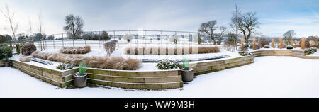 Elegantes, modernes Design, Landschaftsgestaltung und Bepflanzung auf hölzernen angehoben (formgehölze & Gräser) - Schnee Winter Garden, Yorkshire, England, UK. Stockfoto