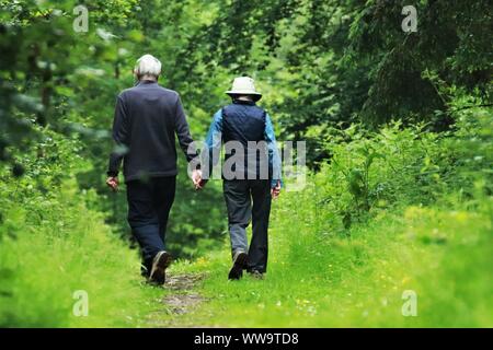 Alte Männer und Frauen gehen und halten Hände durch den Wald von Wentwood. Südwales Stockfoto