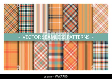 Set karierte Muster Nahtlose. Tartan Muster Stoff Textur. Checkered geometrischer Vektor Hintergrund. Schottische streifen Decke Kulisse. Mode Tuch col Stock Vektor