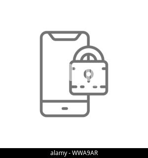 Vorhängeschloss mit Telefon, gesperrtes Smartphone Symbol Leitung. Stock Vektor