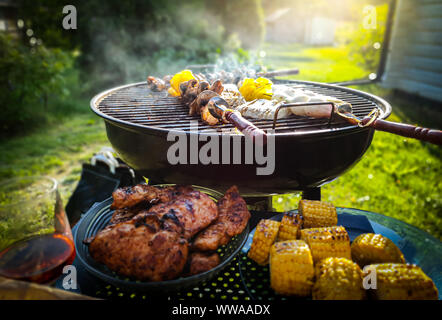 Verschiedene köstliche gegrillte Fleisch und Gemüse über Kohle Grill im sonnigen, grünen Garten. Stockfoto