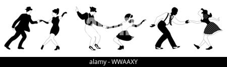 Drei Swing dance Paare Silhouetten Schwarz und Weiß auf weißem Hintergrund. Vector Illustration. Stock Vektor