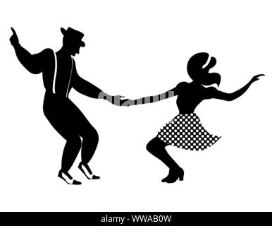 Swing Dance negativen Paar Silhouette. Farben Schwarz und Weiß. 1940er und 1930er Jahre Stil. Frau in Rock mit Dots und Mann mit strapsen und Hut. Stock Vektor