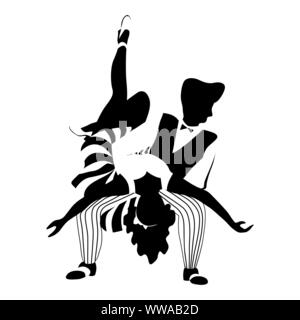 Swing dance Paar Silhouette in den Farben Schwarz und Weiß. 1940er und 1950er Jahre Stil. Frau und Mann tut eine akrobatische Kunststücke. Flache Vector Illustration. Stock Vektor