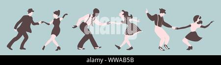 Drei Swing dance Paare Silhouetten auf grünem Hintergrund. Männer und Frauen Jazz- oder Lindy Hop im 40er Jahre Stil. Vector Illustration. Stock Vektor