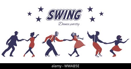 Drei Swing dance Paare Silhouetten in Rot und Blau mit Beschriftung und Sterne auf weißem Hintergrund. 40er Jahre Stil. Flache Vector Illustration. Stock Vektor