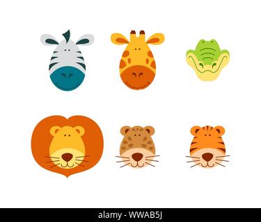 Cartoon süße und lustige Tiere Gesichter. Zebras, Giraffen, Krokodil, Löwe, Leopard und Tiger. Flache Vector Illustration. Stock Vektor