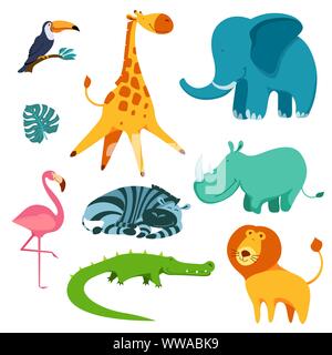 Nett und lustig Cartoon tropische Tiere eingestellt. Isolierte Objekte auf weißem Hintergrund. Flache Vector Illustration. Stock Vektor