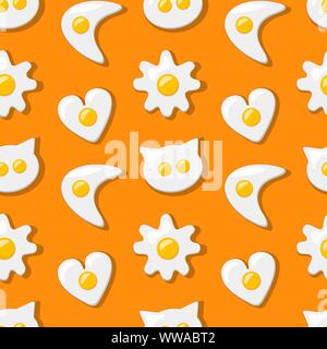 Eine nahtlose Muster mit Spiegelei wie ein Herz, Blume, Halbmond und Katze auf orangefarbenem Hintergrund geformt Stock Vektor