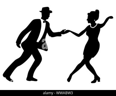 Swing Dance negativen Paar Silhouette. Farben Schwarz und Weiß. 1940er und 1930er Jahre Stil. Frau mit Perlen und Mann mit Fliege und Hut. Stock Vektor