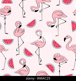 Trendy nahtlose Muster mit niedlichen Hand gezeichneten rosa Flamingo und Wassermelone. Einfache doodle Vögel auf rosa Hintergrund. Vector Illustration. Stock Vektor
