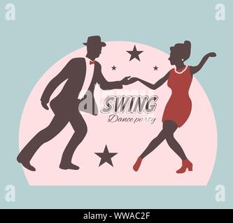 Mann und Frau tanzen Schwingen. Paar Silhouette. Poster im 40er Jahre Stil. Vector Illustration. Stock Vektor