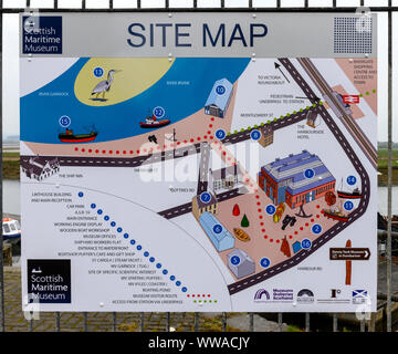 Site Map für den Schottischen Maritime Museum in Harbour Road, Irvine, Ayrshire, Schottland, Großbritannien gelegen Stockfoto