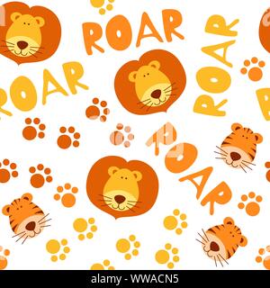 Seamless pattern with cute tigers and lions. Repeated ornament with animal faces, text and clutches.  Stock Vektor