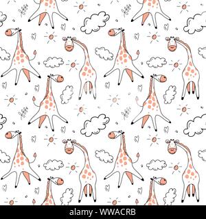 Nahtlose Muster mit niedlichen doodle Giraffen. Wiederholtes Ornament mit coolen trendy Hand gezeichneten afrikanischen Tieren. Vector Illustration auf weißem Hintergrund. Stock Vektor