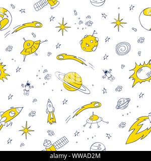 Doodle Raum nahtlose Muster. Dunkelblau Zeichnungen mit gelben Details auf weißem Hintergrund. Stock Vektor