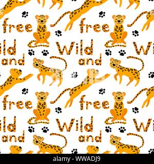 Nahtlose Muster mit cute cartoon Leoparden, Beschriftung und Wanderwege. Wild und frei. Schöne Tiere auf weißem Hintergrund. Flache Vector Illustration. Stock Vektor