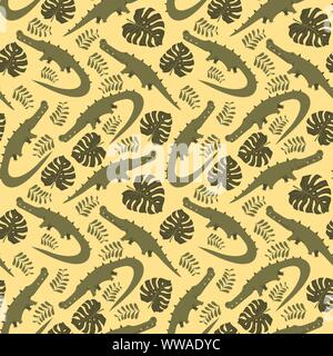 Nahtlose Muster mit cartoon Krokodile und Blätter. Vector Illustration. Stock Vektor
