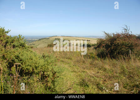 Nationalparks South Downs, Sussex, England, UK. Blick von Ditchling Beacon Parkplatz nach Osten entlang der Route der South Downs Way. Der South Downs. Stockfoto