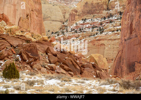 Grand Wash Canyon Wände im Winter, Capitol Reef National Park, Utah, USA Stockfoto