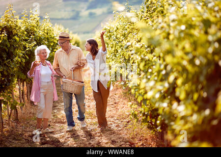 Lächelnd Familie wandern in zwischen den Reihen von Reben Stockfoto