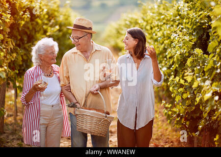 Lächelnd Familie wandern in zwischen den Reihen von Reben zusammen Stockfoto