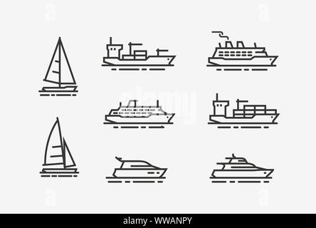 Symbol für Versand eingestellt. Schifffahrt, Kreuzfahrtssymbol. Lineare Vektordarstellung Stock Vektor