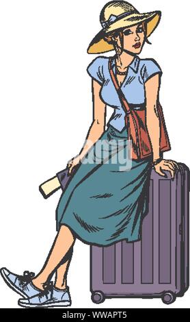 Frau Touristen sitzen auf einem Reisekoffer. Pop Art retro Vektor illustration Zeichnung Stock Vektor